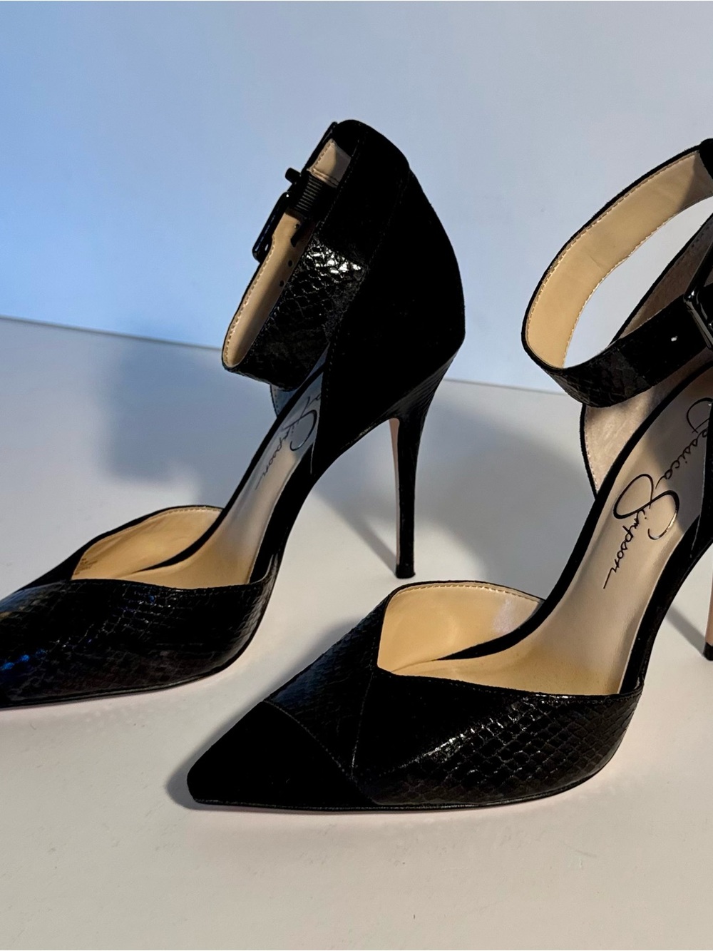 Jessica Simpson Black Pointed Toe Ankle-Strap Stiletto Pumps